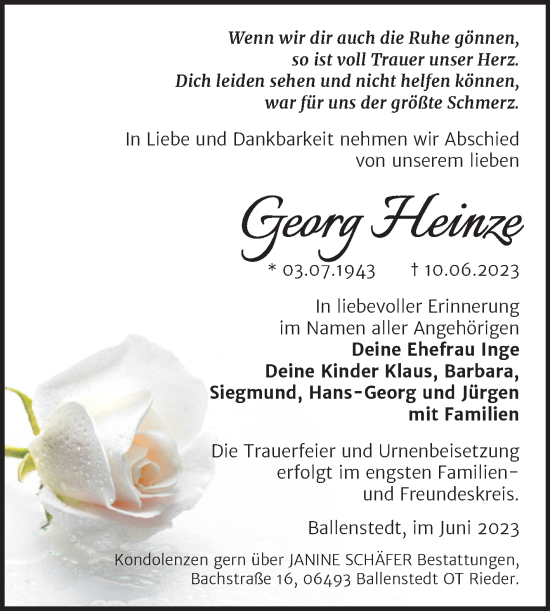 Traueranzeige von Georg Heinze von Trauerkombi Quedlinburg