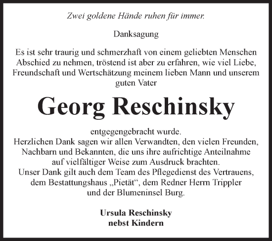 Traueranzeige von Georg Reschinsky von Volksstimme Burg/Genthin
