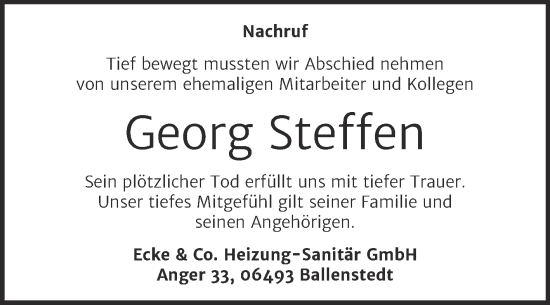 Traueranzeige von Georg Steffen von Super Sonntag Quedlingburg