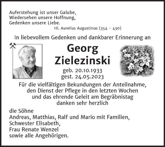Traueranzeige von Georg Zielezinski von Mitteldeutsche Zeitung Mansfelder Land