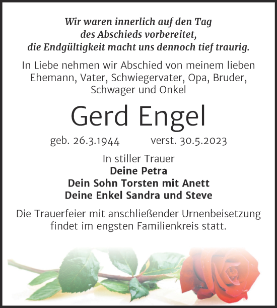 Traueranzeige von Gerd Engel von Mitteldeutsche Zeitung Halle/Saalkreis