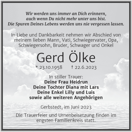 Traueranzeige von Gerd Ölke von Trauerkombi Mansfelder Land