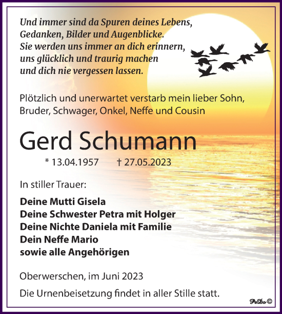 Traueranzeige von Gerd Schumann von Trauerkombi Weißenfels