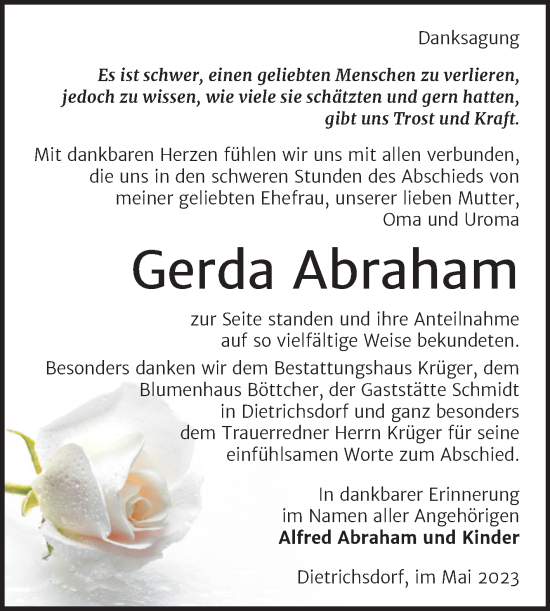 Traueranzeige von Gerda Abraham von Trauerkombi Wittenberg