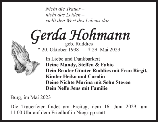Traueranzeige von Gerda Hohmann von Volksstimme Burg/Genthin