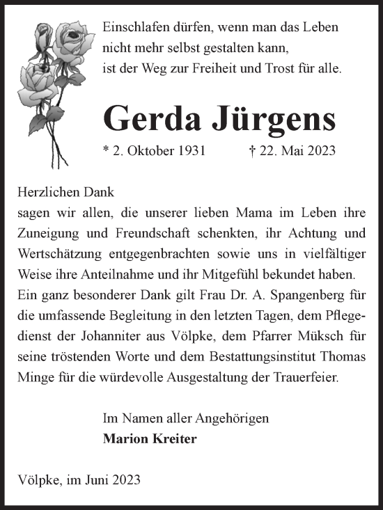 Traueranzeige von Gerda Jürgens von Volksstimme Oschersleben/Wanzleben