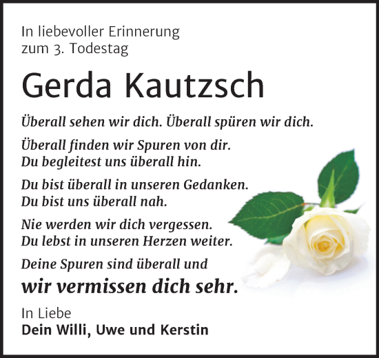Traueranzeige von Gerda Kautzsch von Trauerkombi Wittenberg