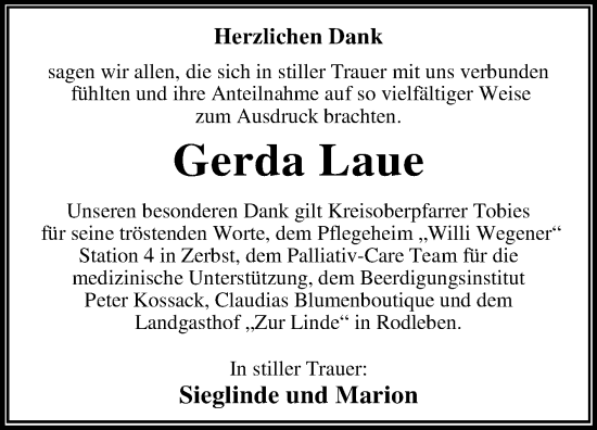 Traueranzeige von Gerda Laue von Trauerkombi Dessau