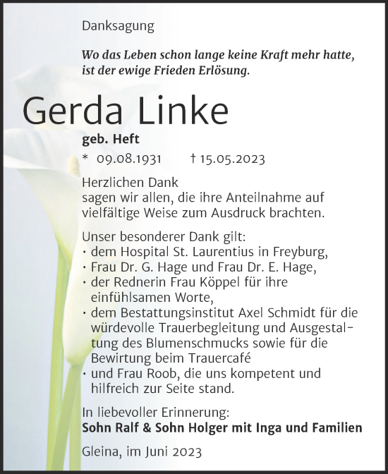 Traueranzeige von Gerda Linke von Wochenspiegel Naumburg/Nebra