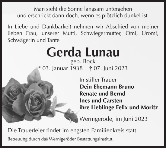 Traueranzeige von Gerda Lunau von Volksstimme Wernigerode
