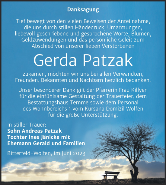 Traueranzeige von Gerda Patzak von Trauerkombi Bitterfeld