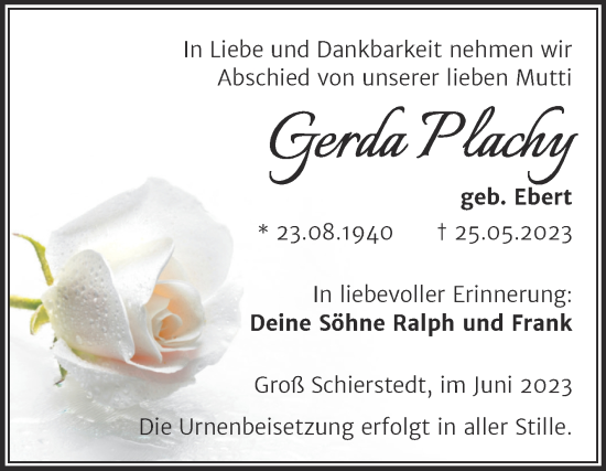 Traueranzeige von Gerda Plachy von Trauerkombi Aschersleben