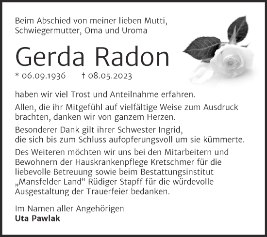 Traueranzeige von Gerda Radon von Trauerkombi Mansfelder Land
