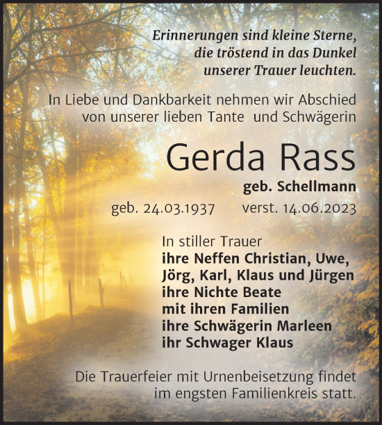 Traueranzeige von Gerda Rass von Wochenspiegel Naumburg/Nebra
