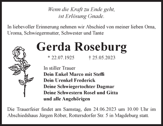 Traueranzeige von Gerda Roseburg von Volksstimme Magdeburg