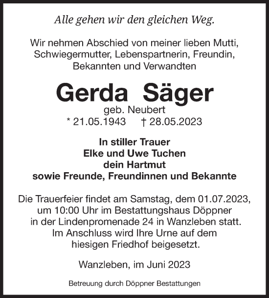 Traueranzeige von Gerda Säger von Volksstimme Oschersleben/Wanzleben
