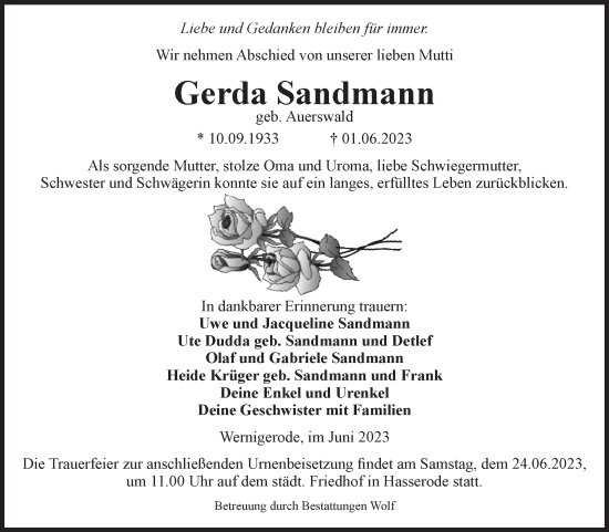 Traueranzeige von Gerda Sandmann von Volksstimme Wernigerode