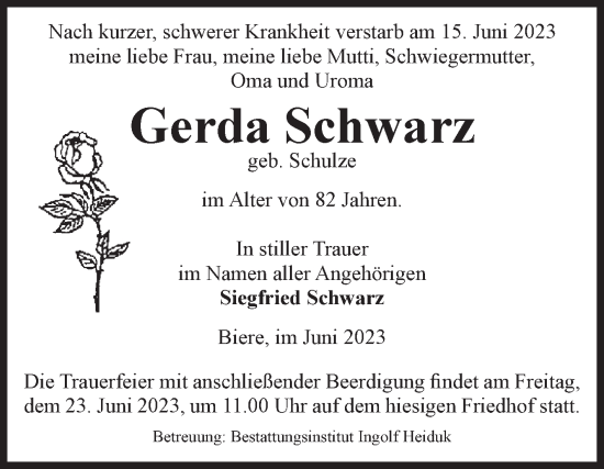 Traueranzeige von Gerda Schwarz von Volksstimme Schönebeck