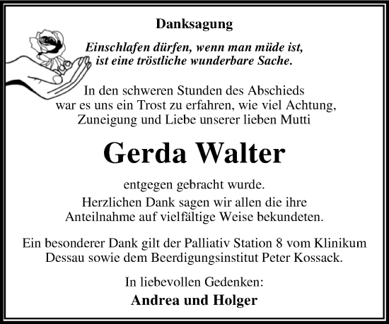 Traueranzeige von Gerda Walter von Trauerkombi Dessau