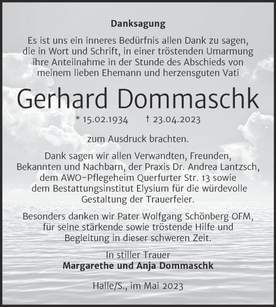 Traueranzeige von Gerhard Dommaschk von Mitteldeutsche Zeitung Halle/Saalkreis