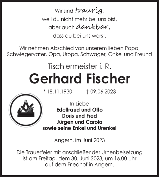 Traueranzeige von Gerhard Fischer von Volksstimme Haldensleben/Wolmirstedt