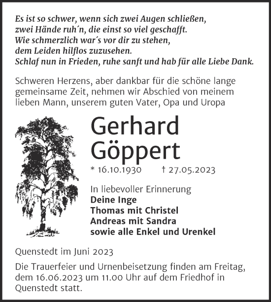 Traueranzeige von Gerhard Göppert von Trauerkombi Mansfelder Land