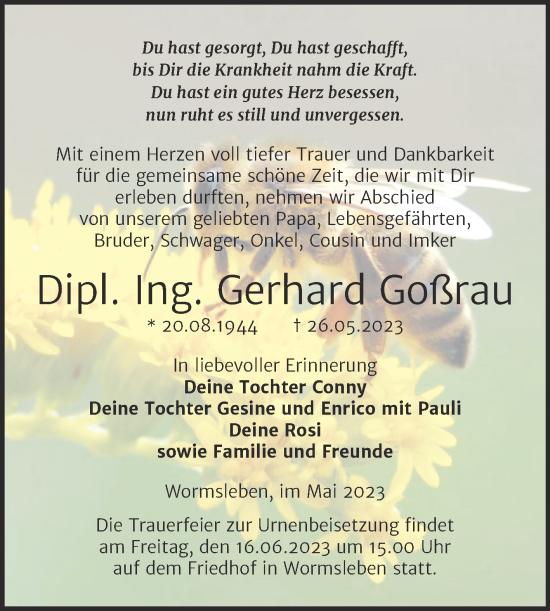 Traueranzeige von Gerhard Goßrau von Trauerkombi Mansfelder Land