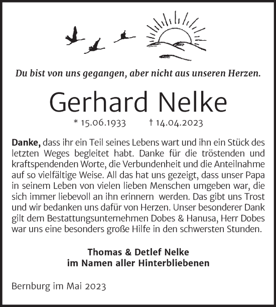 Traueranzeige von Gerhard Nelke von Trauerkombi Bernburg