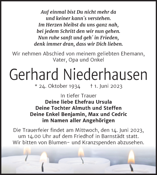Traueranzeige von Gerhard Niederhausen von Trauerkombi Merseburg