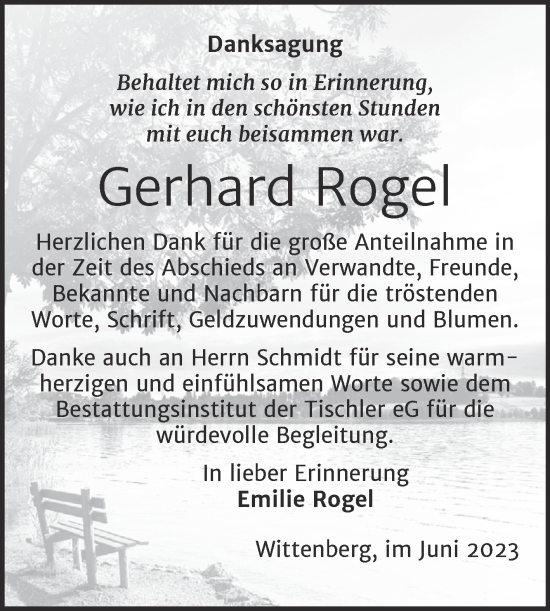Traueranzeige von Gerhard Rogel von Trauerkombi Wittenberg