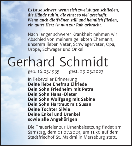 Traueranzeige von Gerhard Schmidt von Trauerkombi Merseburg