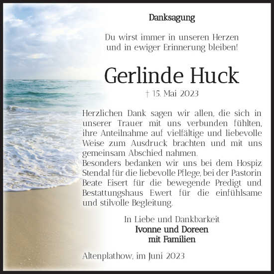Traueranzeige von Gerlinde Huck 