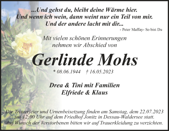 Traueranzeige von Gerlinde Mohs von Trauerkombi Dessau