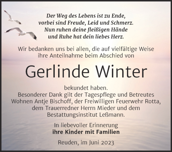 Traueranzeige von Gerlinde Winter von Trauerkombi Wittenberg