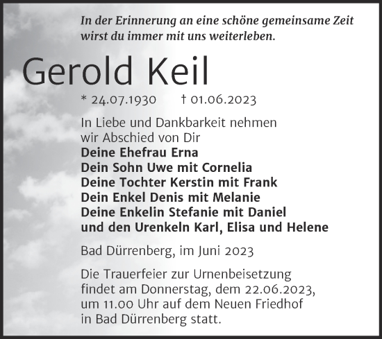 Traueranzeige von Gerold Keil von Trauerkombi Merseburg