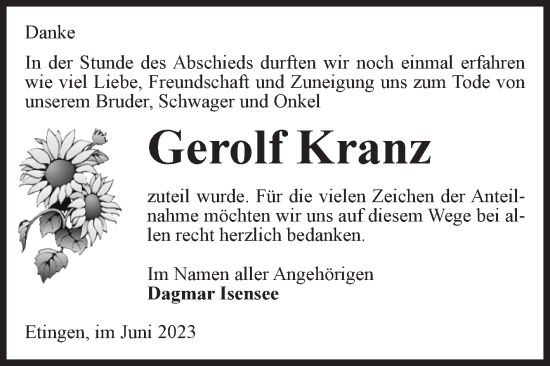 Traueranzeige von Gerolf Kranz von Volksstimme Haldensleben/Wolmirstedt