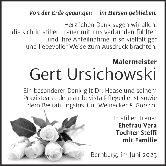 Traueranzeige von Gert Ursichowski von Trauerkombi Bernburg