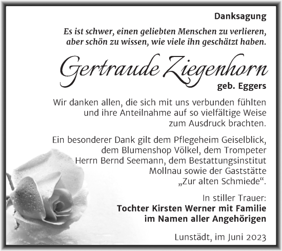 Traueranzeige von Gertraude Ziegenhorn von Trauerkombi Merseburg
