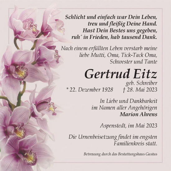 Traueranzeige von Gertrud Eitz von Volksstimme Halberstadt