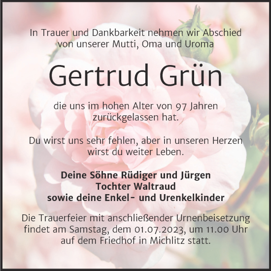 Traueranzeige von Gertrud Grün von Trauerkombi Weißenfels