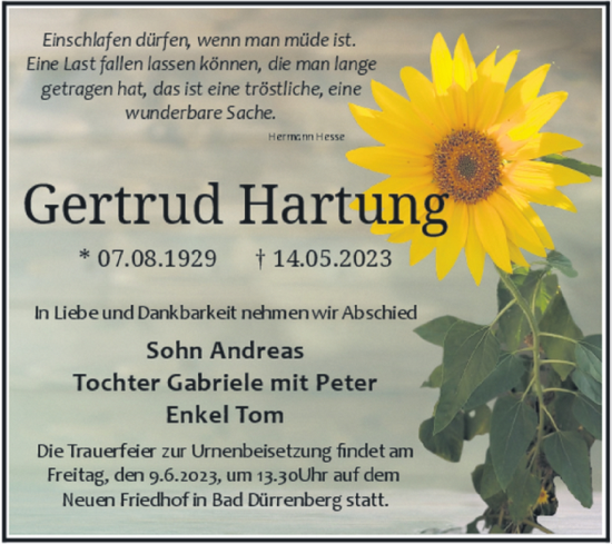 Traueranzeige von Gertrud Hartung von Trauerkombi Merseburg