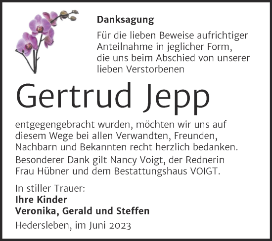 Traueranzeige von Gertrud Jepp von Trauerkombi Mansfelder Land