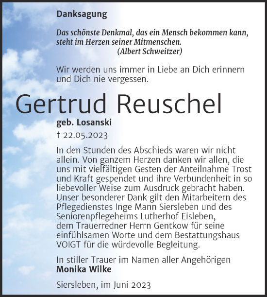Traueranzeige von Gertrud Reuschel von Trauerkombi Mansfelder Land
