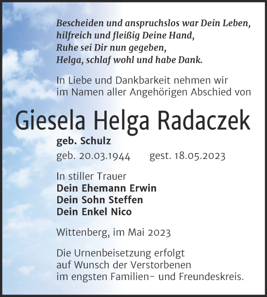 Traueranzeige von Giesela Helga Radaczek von Trauerkombi Wittenberg