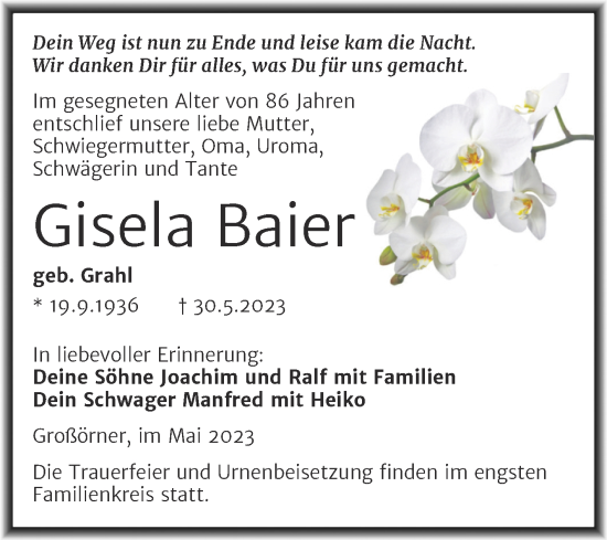 Traueranzeige von Gisela Baier von Trauerkombi Mansfelder Land