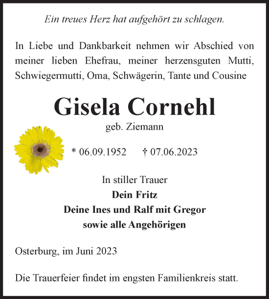 Traueranzeige von Gisela Cornehl von Volksstimme Altmark Ost