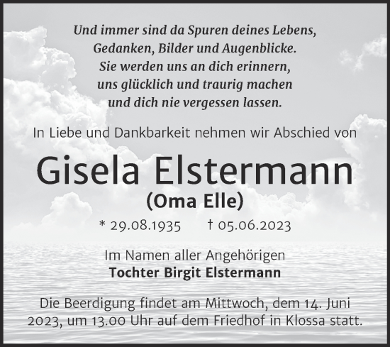 Traueranzeige von Gisela Elstermann von Trauerkombi Wittenberg