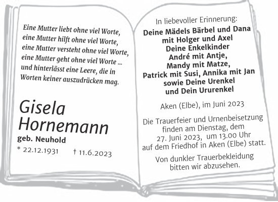 Traueranzeige von Gisela Hornemann von Trauerkombi Köthen