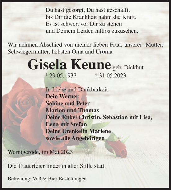 Traueranzeige von Gisela Keune von Volksstimme Wernigerode
