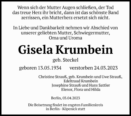 Traueranzeige von Gisela Krumbein von Volksstimme Magdeburg